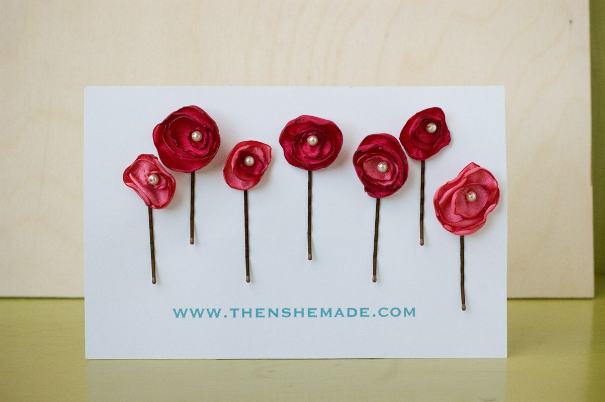 Red and Coral Colored Flower Hair Accessories Bobby Pins
