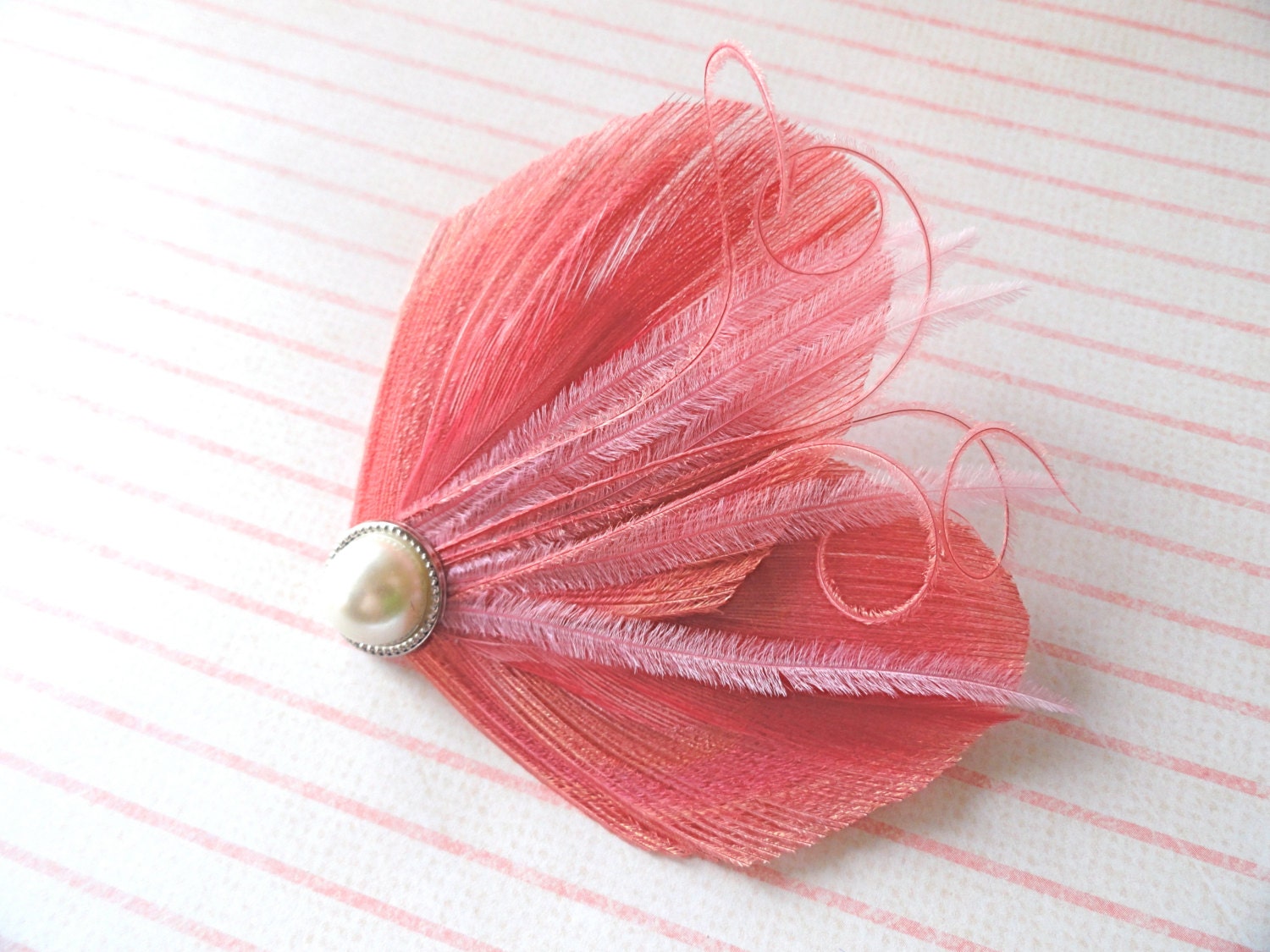 DREAM in Coral and Pink Peacock Feather Hair Clip, Feather Fascinator