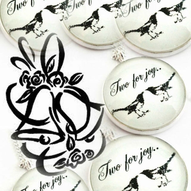 Bridesmaid Gift Magpie Bird Glass Pendant Necklace Black White Art Illustration Picture