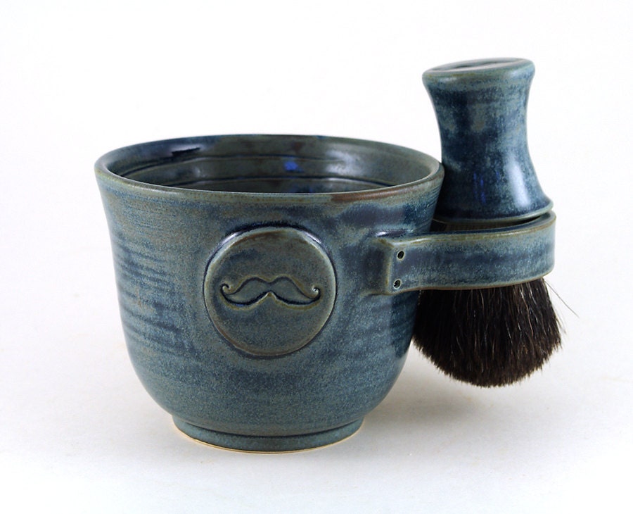 Mens Shaving Set, Blue Mustache Shave Mug, Black Badger Hair Shave Brush and Shave Soap, Shaving Bowl, Gift for Men, Best Man, Father's Day