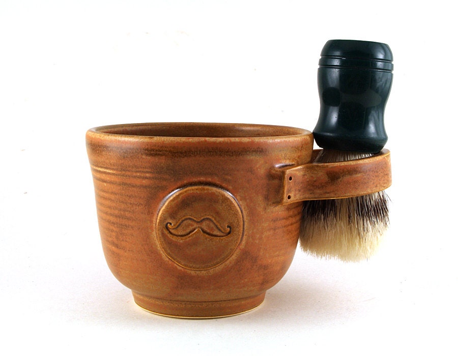 Brown Shaving Mug with a Mustache, Shaving Bowl, Unique Gifts for Dads and Grads, Shave Mug, Fathers Day by MiriHardyPottery
