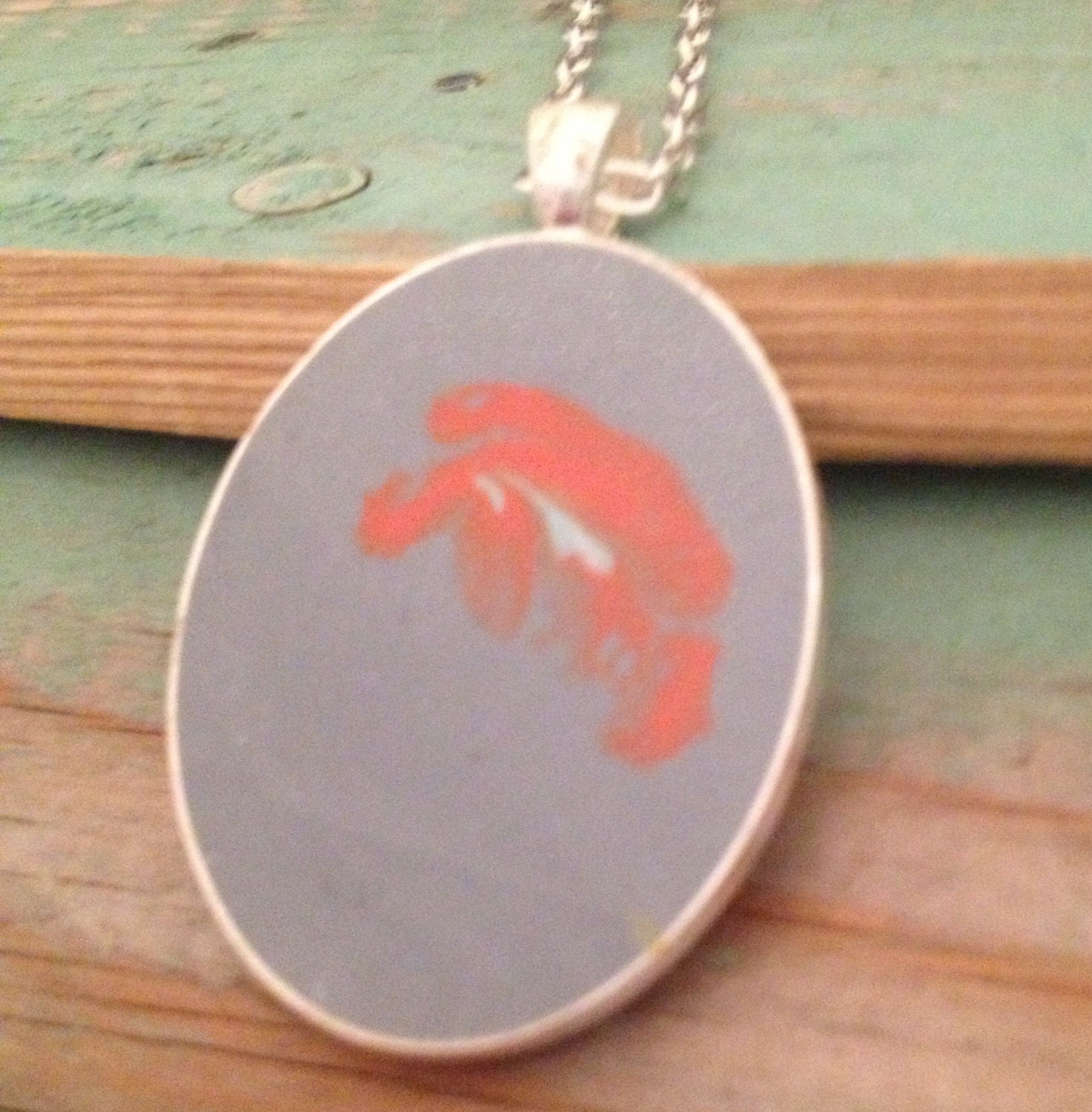 Grey and orange mixed resin pendant necklace.  Large oval 30 x 40mm