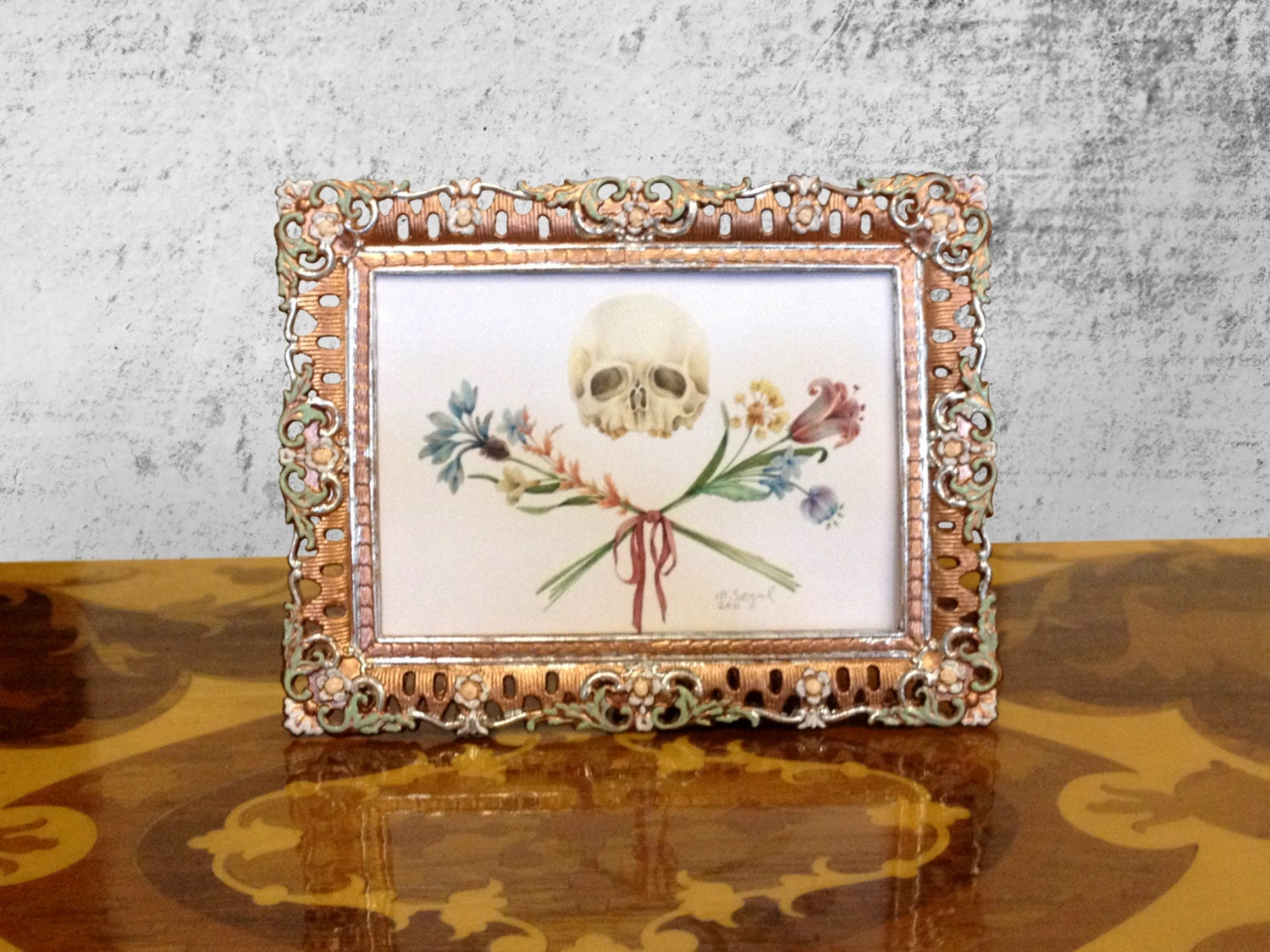 ONE of A KIND mini "Skull x Flowers" illustration in hand-enameled floral metal rose gold frame