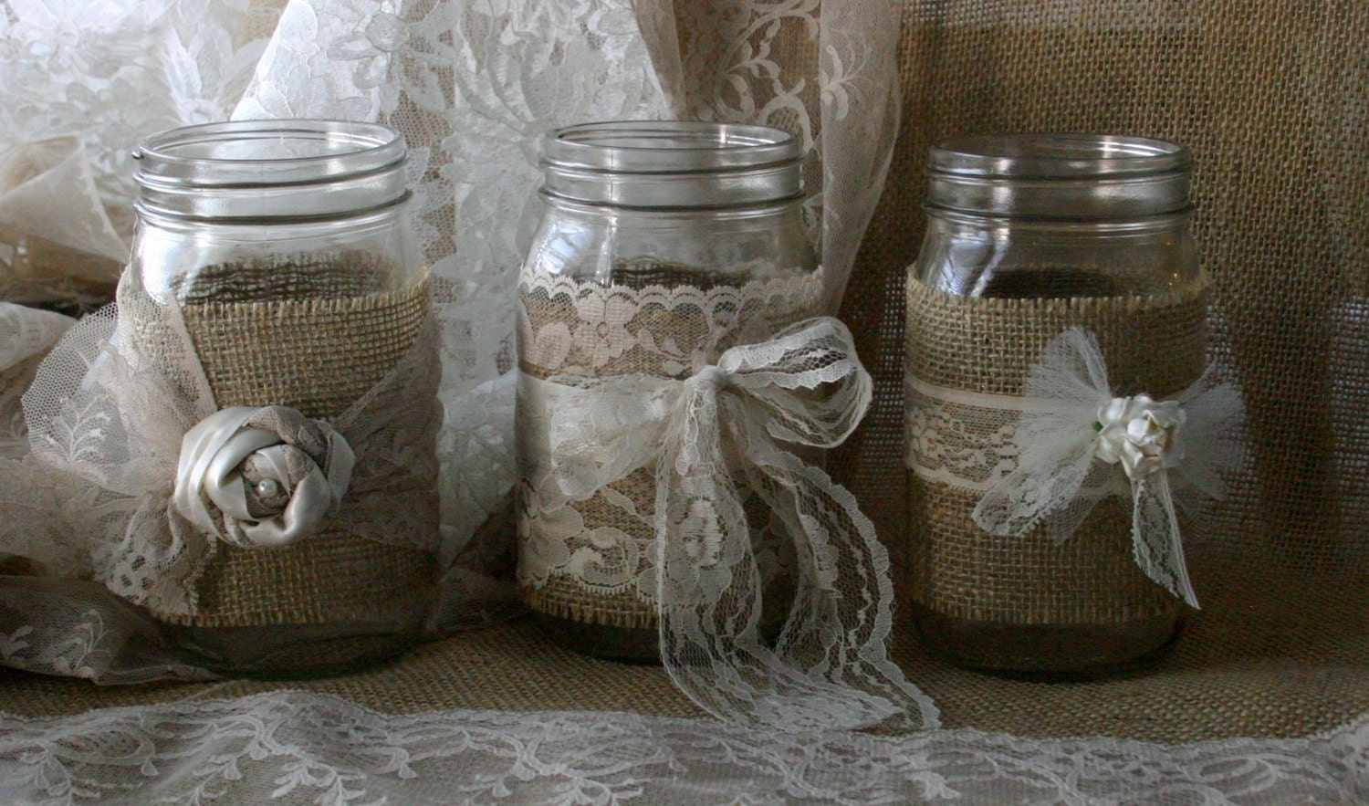 Burlap wedding, VINTAGE lace wedding JARs, Burlap wedding centerpieces, rustic farm house, shabby chic, country wedding