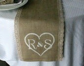 Burlap with lace monogrammed tables runners, country rustic, shabby chic, woodland cottage, & French country weddings