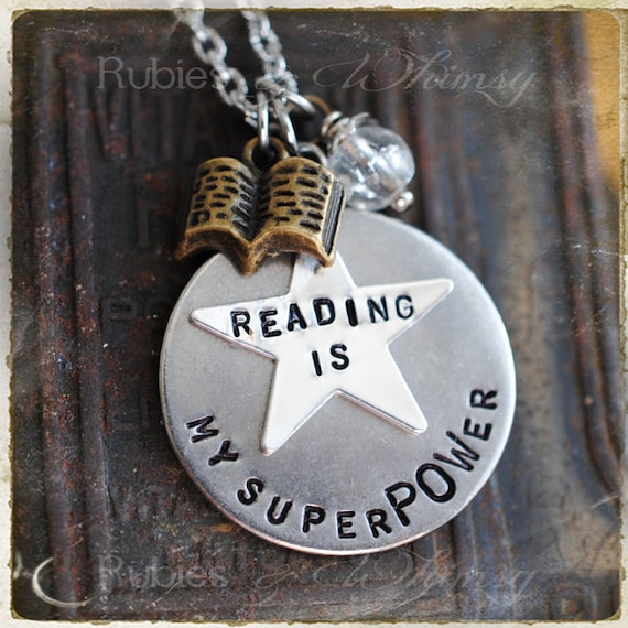 Reading is my SuperPOWer Book Necklace, Gift for Book Lover, Superhero, Read, Geekery, Comic Book Lover gift by rubiesandwhimsy