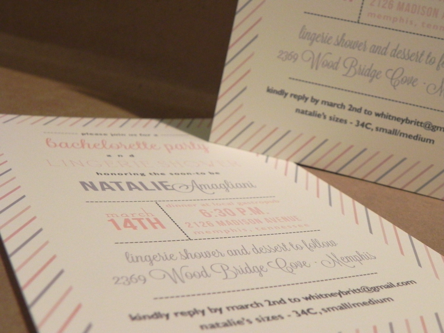 Bachelorette Party / Lingerie Shower / Stripe Pink and Gray Printed Invitation / Birthday / Bridal / Wedding / Save the Date by DarbyCards