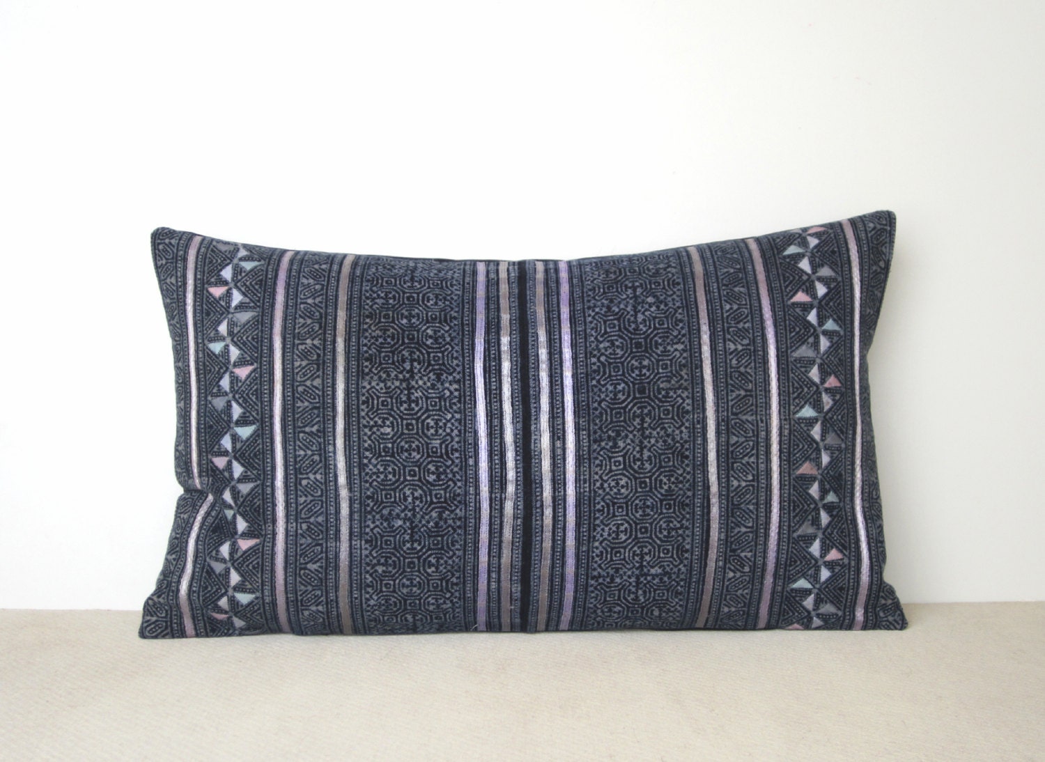 Indigo blue batik and embroidered Hmong textile cushion cover 12x20