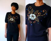 Vtg Floral Sequined Jeweled SS Black Knit Sweater