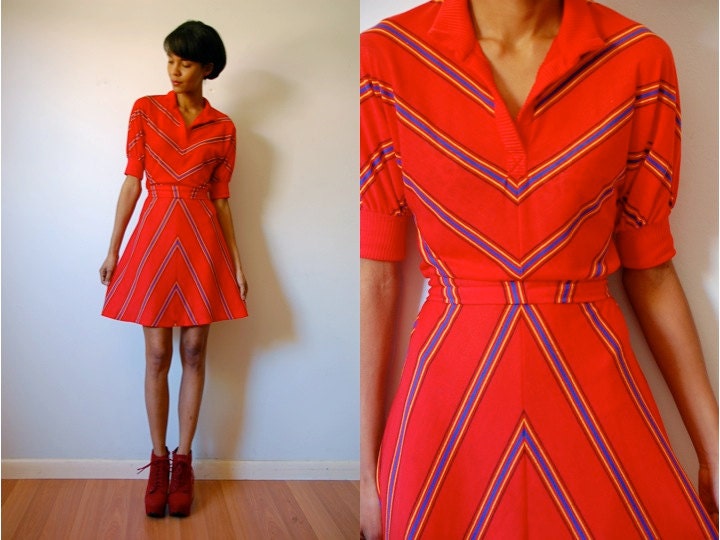 Vtg Chevron Striped Red Yellow Blue Belted SS Dress