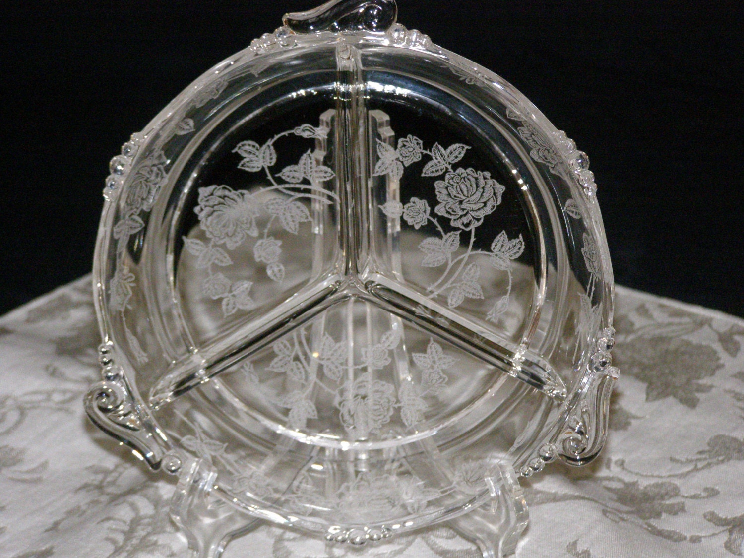 Vintage Heisey Glass 3 Part Nut Dish Etched Floral by parkie2