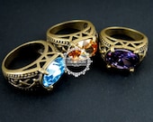 Antiqued victorian style retro vintage filigree blue,purple,orange shining quartz glass cabochon brass bronze ring