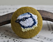 Hand Embroidered Blue Tit Bird Button Brooch