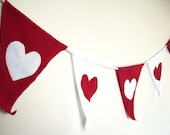 Red and White with Hearts, Tshirt Jersey Fabric Pennant Banner, Bunting, Flag Garland, Upcycled, Eco-Friendly Wedding Shower Decoration