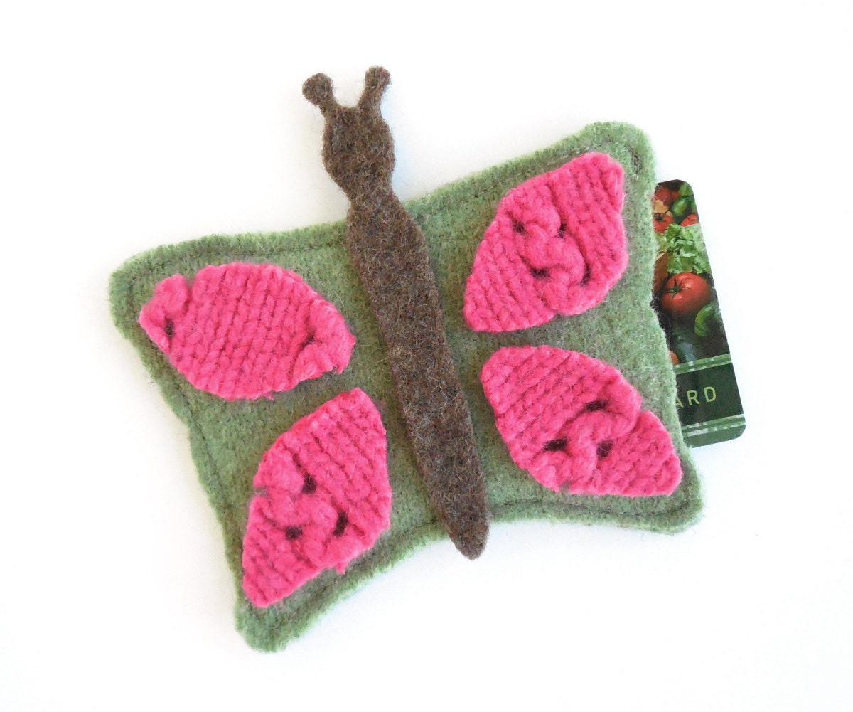 Felted Wool Butterfly Gift Card Holder, Green and Pink, Upcycled, Birthday Gift Card