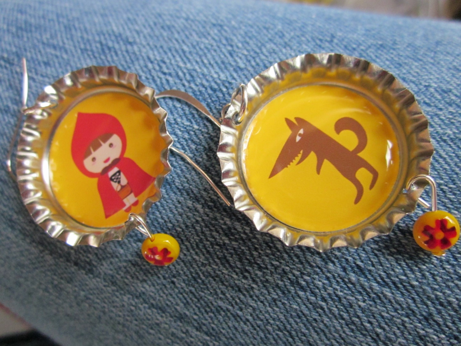 Little Red Riding Hood and the Wolf bottle cap earrings