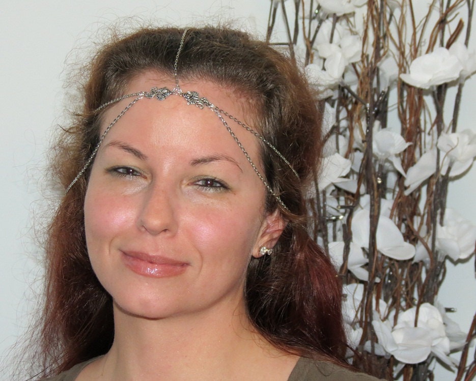 Head Dress Chain Crown Piece, Silver Rose, Draping, Head Chain, Can be sized, Custom, Sized, Rose, Chain Crown, Crown