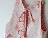 Child's Art Smock, Handprinted Fabric, Orangey Red and White Cotton, Washable, Sleeveless, Fits 4-8, Free US Shipping