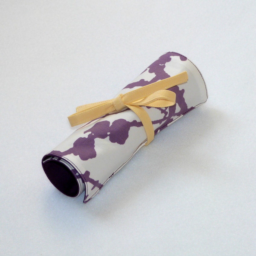 Colorful Pencil Roll, Fabric Pen Case, Unique Handprinted Purple Fabric, Free US Shipping