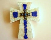 Sea Glass Cross coastal home decor blue and white sea glass mosaic cross