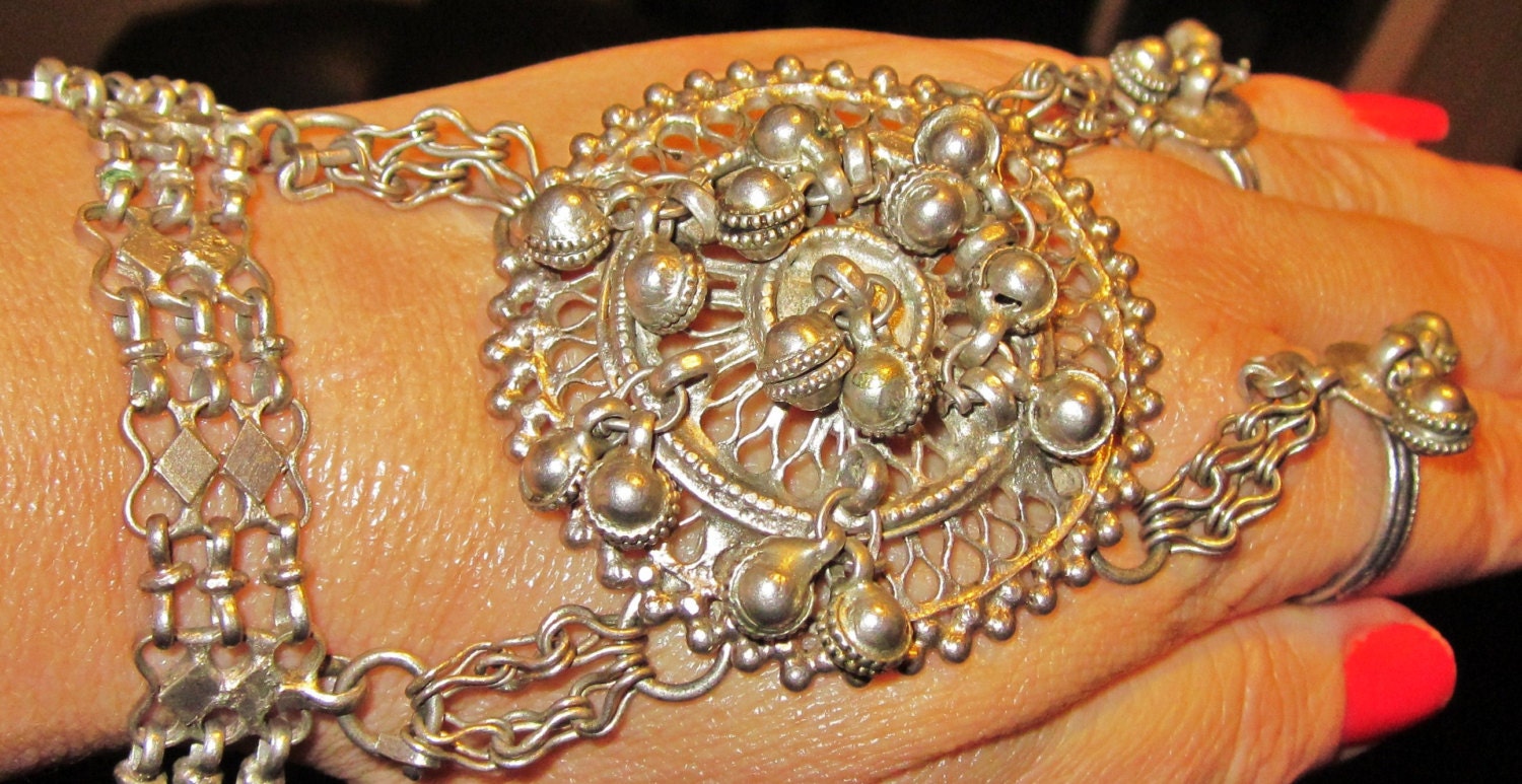 Sale Rare Hand made Indian Antique Silver hand bracelet w rings n bells.Tribal Rajasthan dance jewelery,Gypsy, ethnic Free Post