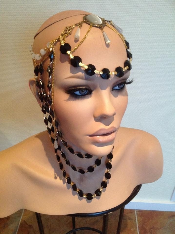Sale READY TO SHIP Black Gold Goddess Genuine Crystal headdress headpiece avant garde rhinestone jewelry fantasy tribal gypsy layered chain