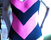 vintage 80s longitude chevron striped bathing suit swimsuit hot pink black S M