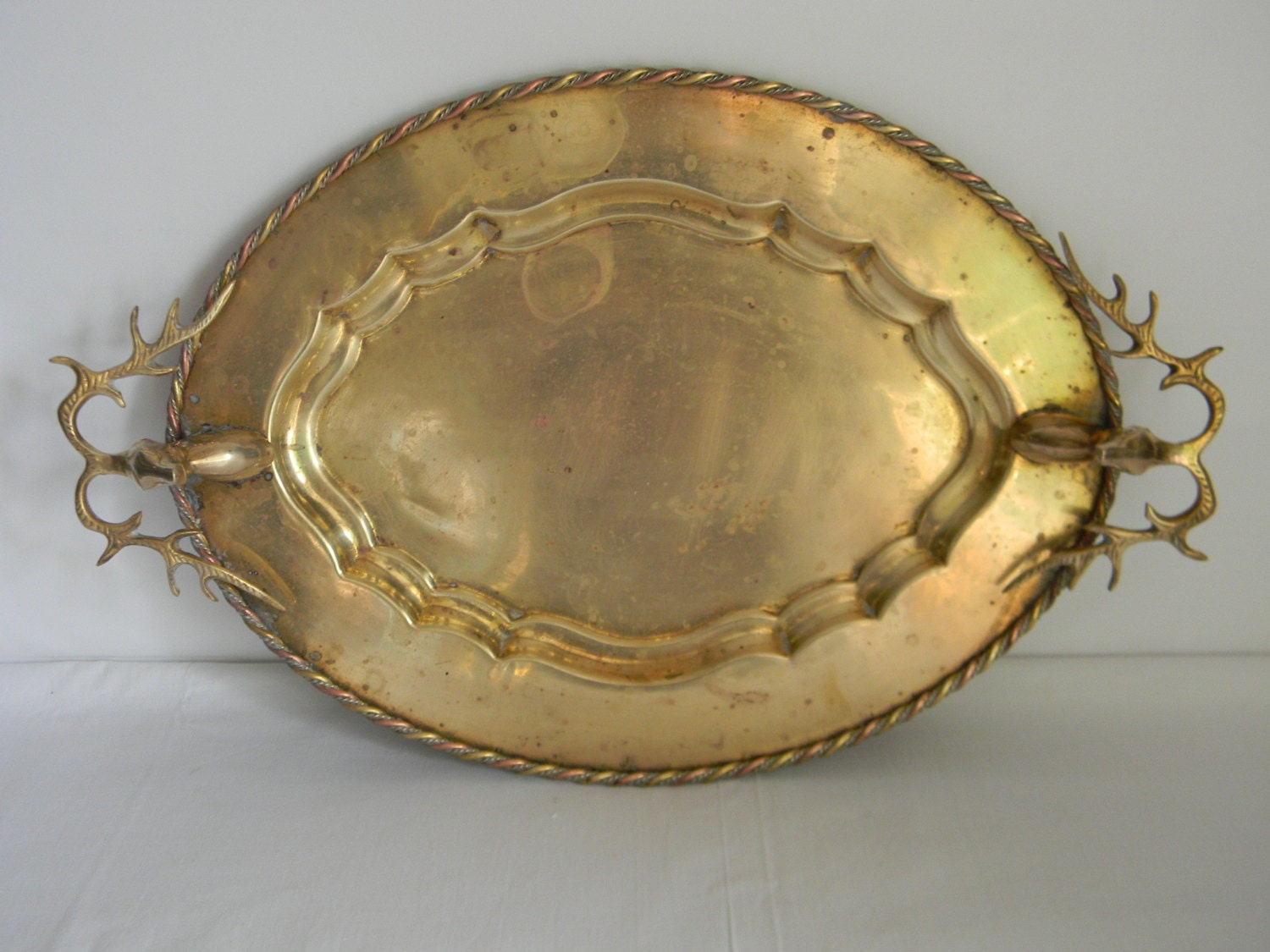 Vintage Oval Brass Serving Tray Stag Deer Head Handles Rope Edge Home Decor