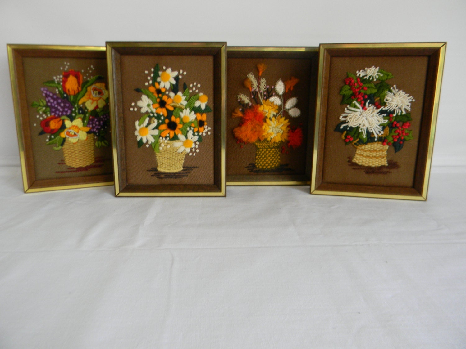 Vintage Needlework Crewelwork Floral Spring Summer Autumn Winter Set/4 Framed