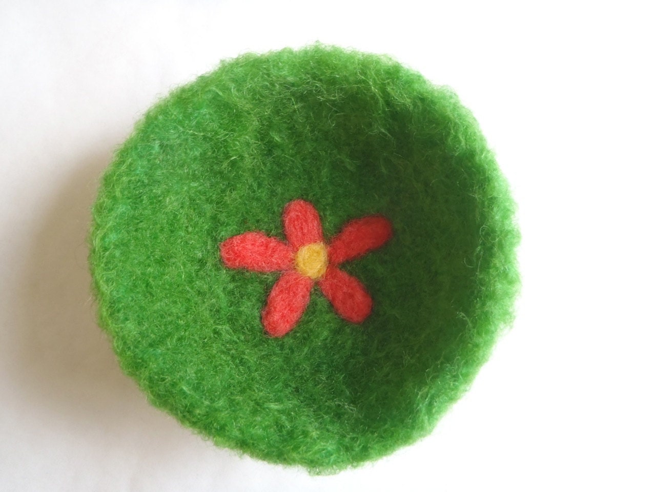 Decorative Bowl, felted green wool bowl with pink flower