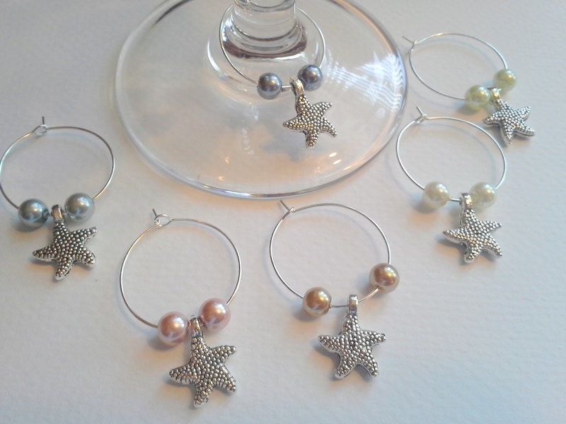 wine glass charm, nautical theme wine glass charm set, set of 6, star fish and pearls