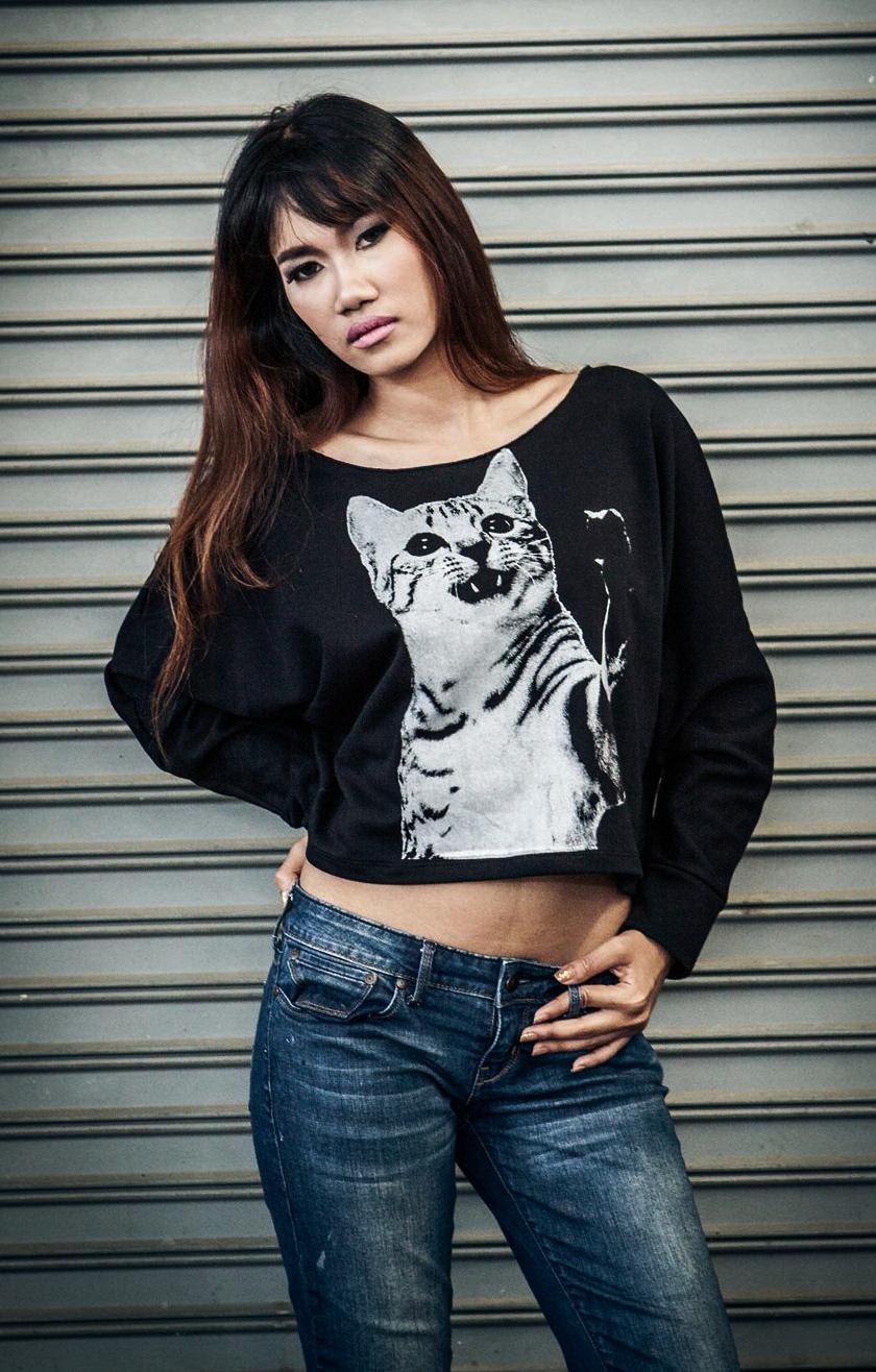 Cat Sweatshirt , Cat sweater Pullover Oversize style Bat Wing Style Half Body In Black Sweatshirt