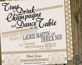 Square Wedding Save the Date with Champagne designs and text about Dancing on the Table Il_170x135