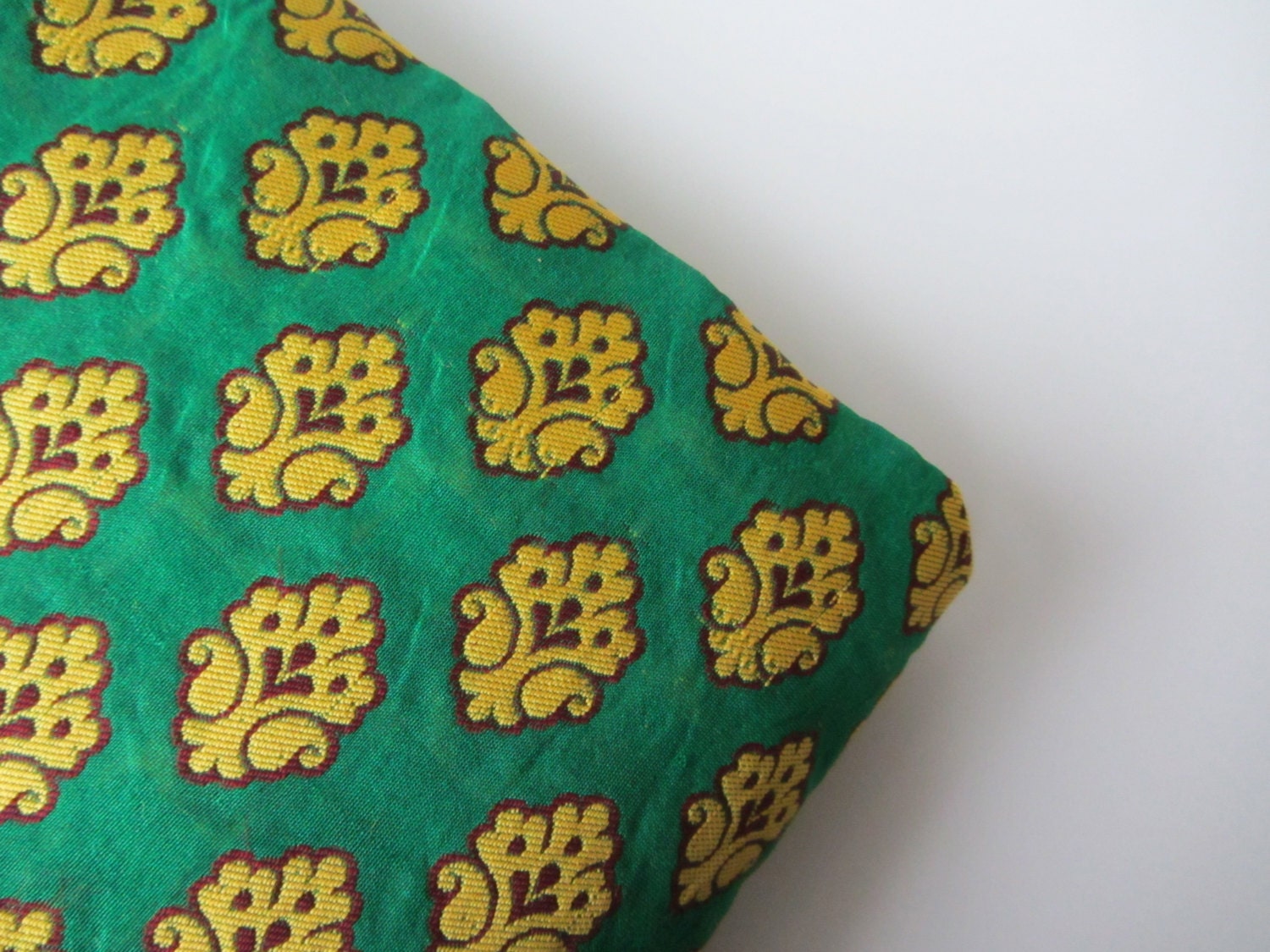 Yellow green funny flower on green silk India silk brocade fabric nr 146 fat quarter