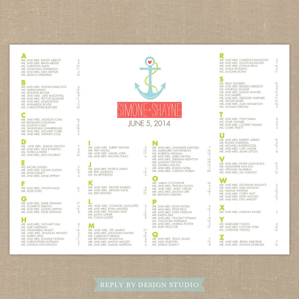 Wedding Seating Chart (Anchors Away) - Digital Files/DIY (Customizable Beach Design)
