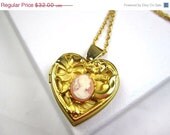 Cameo Floral Heart Locket Necklace Victorian Revival 1950s Vintage Jewelry