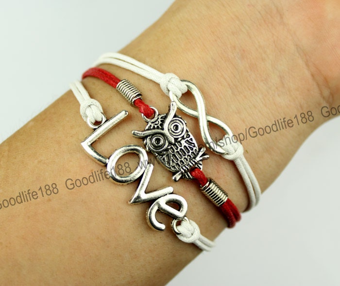 The owl bracelet - infinity bracelet - LOVE - red - white leather cord bracelet - ancient silver bracelet - charm bracelet