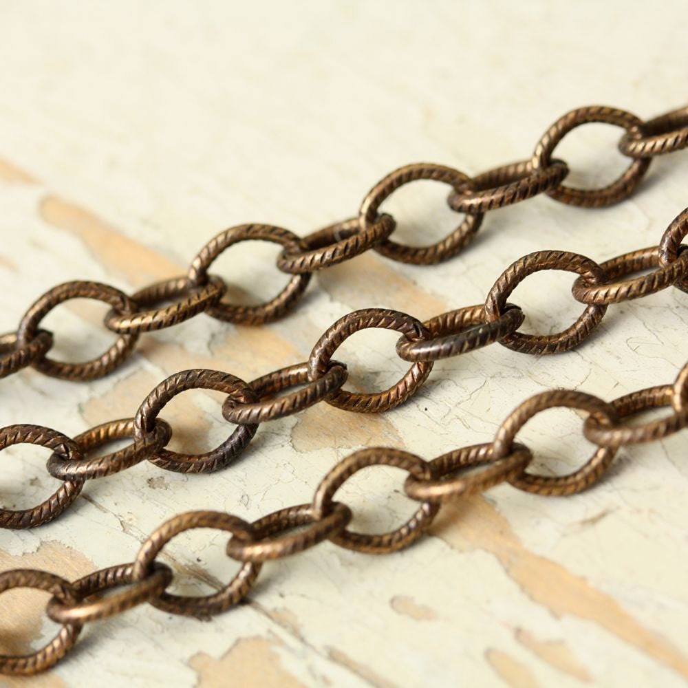 20ft Aged Brass 5mm x 7mm Etched Elongated Oval Cable Chain Hand Oxidized Patterned Solid Brass Chain