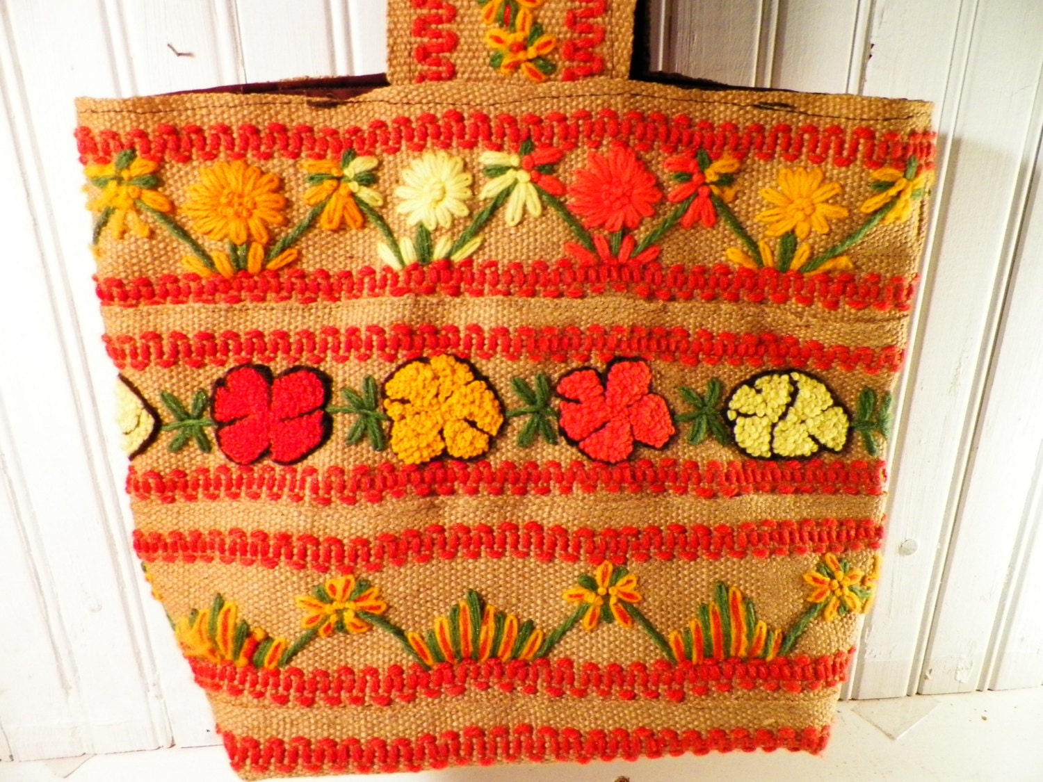 1970s Burlap Purse/Tote Bag/ Flowers/ Vintage Handmade