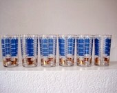 Vintage Blue and Gold Drinking Glasses, Dominion Glassware, Set of Six Juice Glasses Mid Century Modern Design