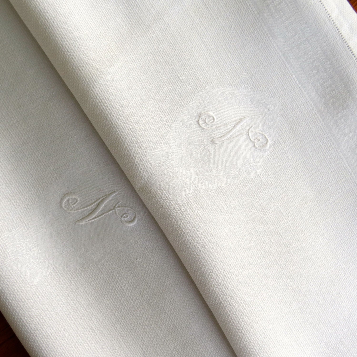 Vintage Linen Towels Two Bath Tea Damask Monogram "N"