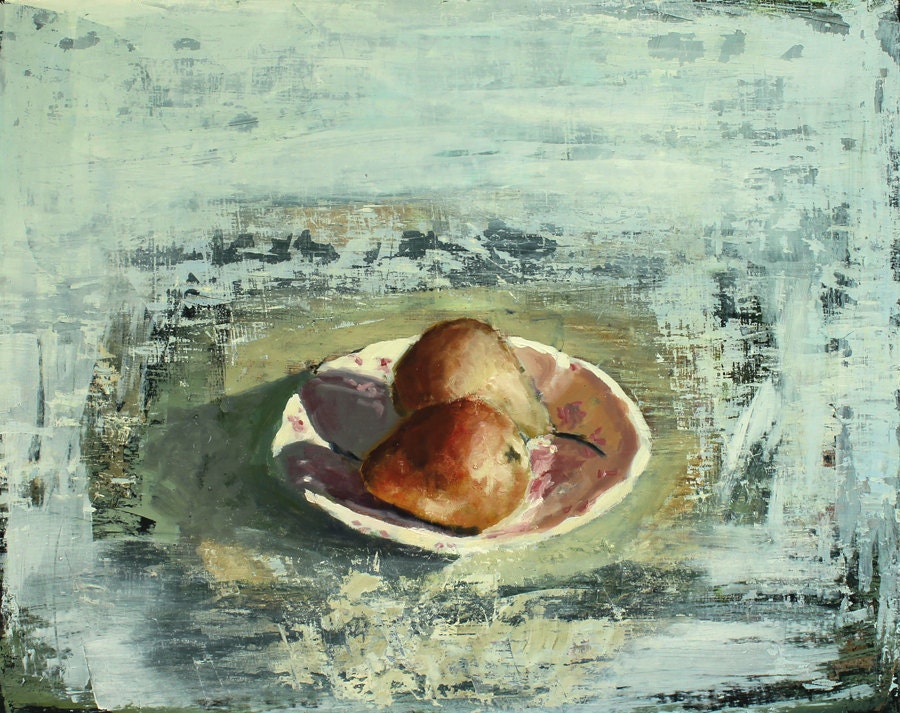 Still Life Painting, Pears on Abstract pale blue background, Original Oil on Wood Panel, 24x30 inches Fine Art