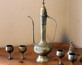 Vintage Indian Brass Floral Print Teapot with 4 Small Goblets