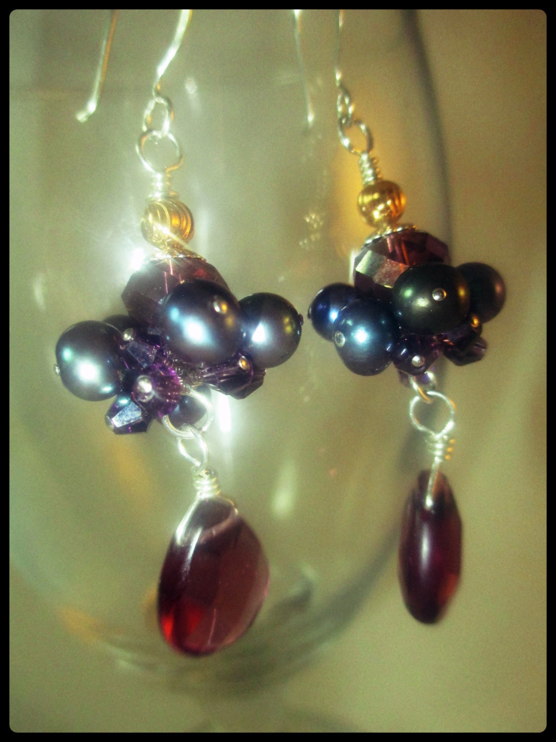 freshwater pearl earrings, Sterling silver and gold filled earrings- purple swarovski crystals - wire wrapped