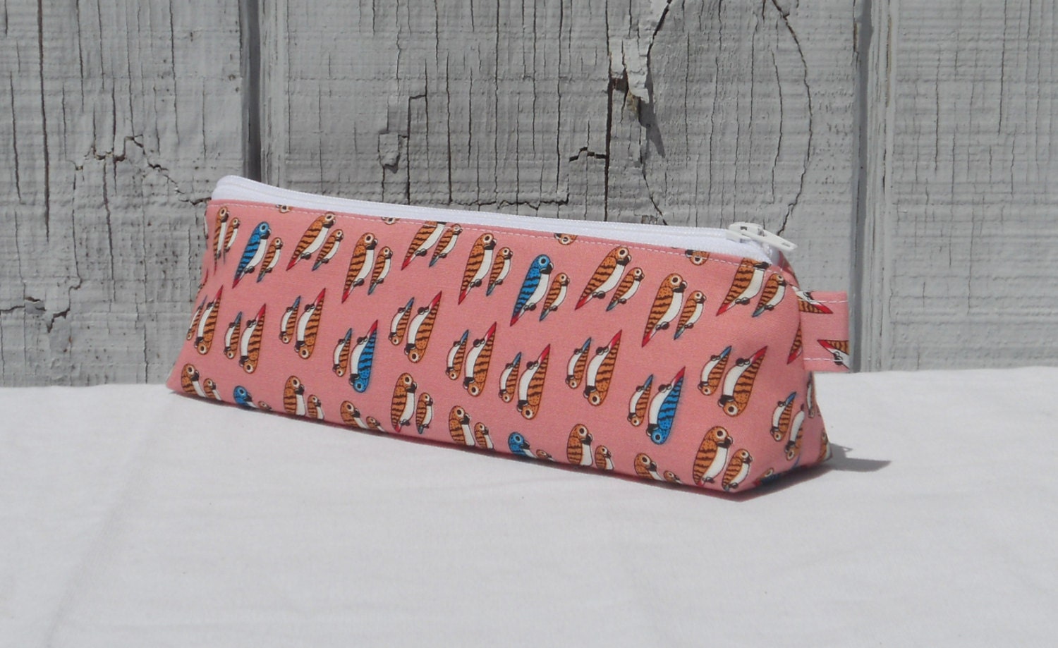 Slim pencil case, pencil pouch, art supplies case, happy parakeets