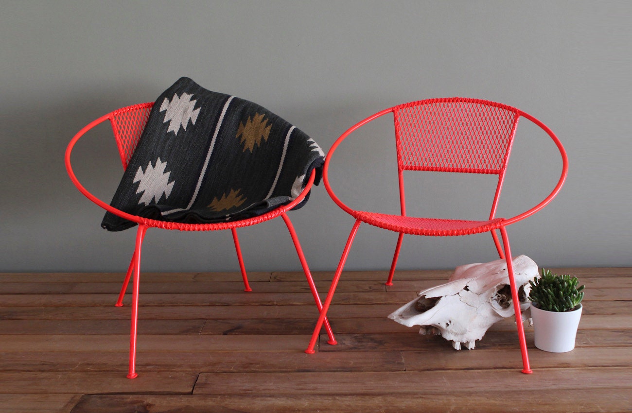 Pair of  MCM Hoop Chairs in Dayglow Coral Finish Vintage Upcycled Salterini Style