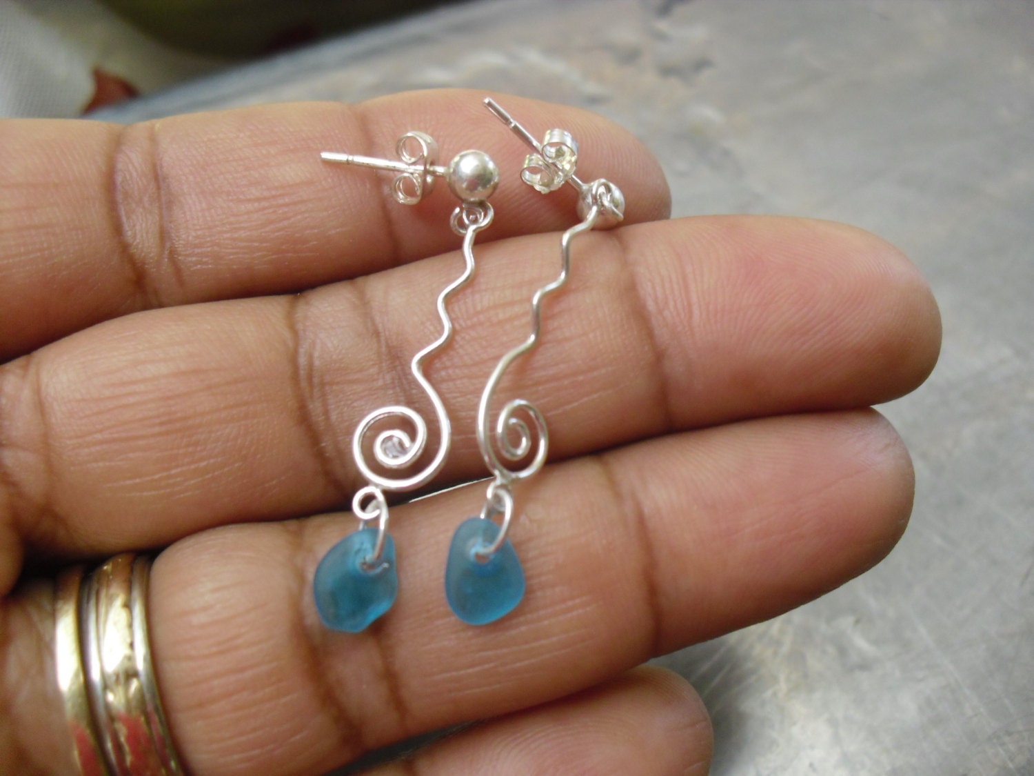 Beautiful Mini Aqua Sea Glass on sterling silver swirl Dangle Earrings