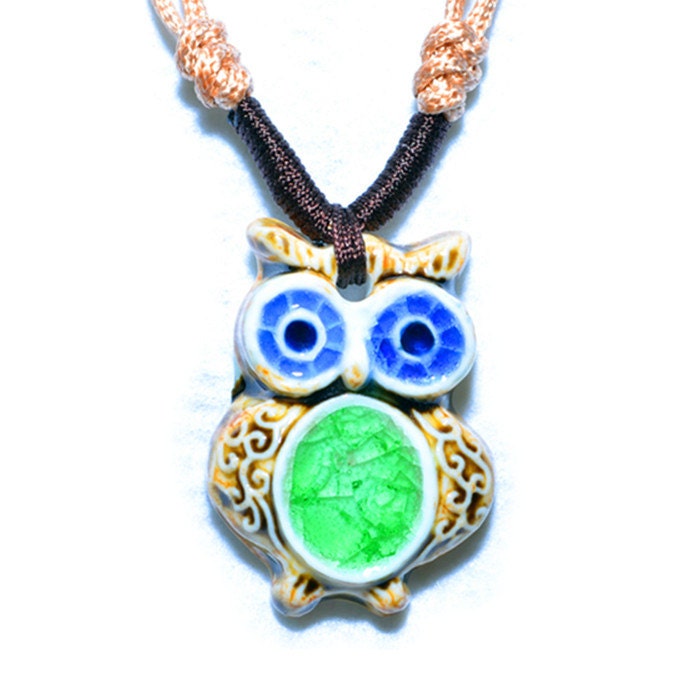 Ceramic Jewellery Rustic Pendant Necklace Glazed Unisex Necklace Oriental Style Night Owl Handbraided Adjustable Length