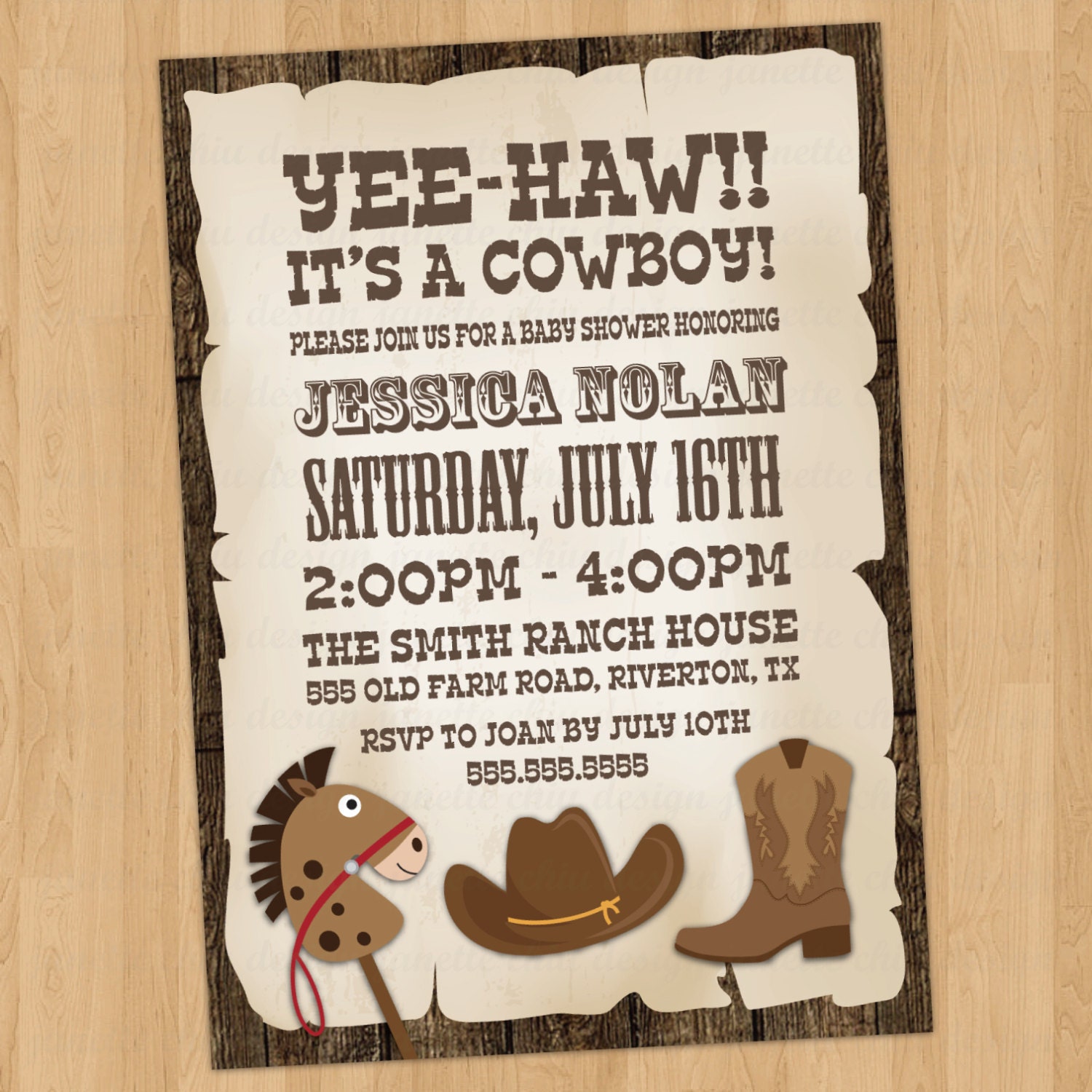 Cowboy Baby Shower Invitation Digital Printable, ANY color ANY wording