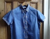 womens vintage shirt denim blue blouse uk 16 us 14 summer clothing floral red pink flowers geek nerd